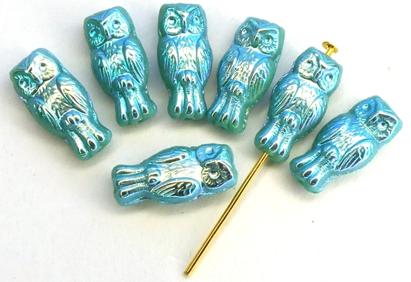 OWL-63140-28703 Owl Bead Opaque Green Turquoise Full AB 12 Pc.-0